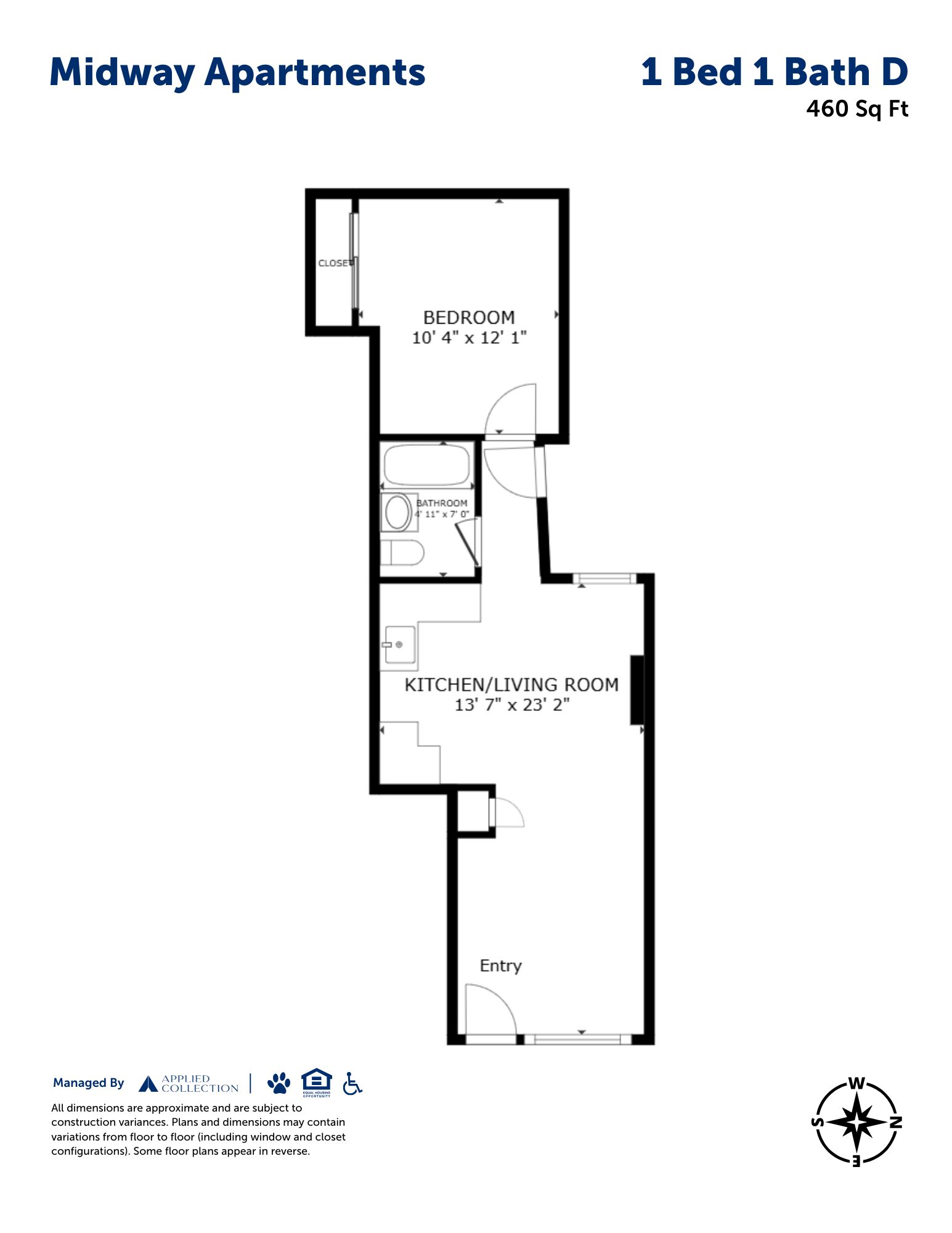 Floor plan for 1 bed, 1 bath, 460 sqft
